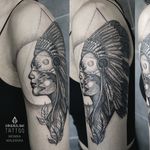 Double exposure tattoo by Monika Malewska #MonikaMalewska #monochrome #doubleexposure #nativeamerican