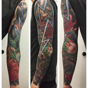 Arm sleeve by Martin Gustafsson (via IG -- martin_lucky7) #martingustafsson #snake #lightning #floral #sleeve