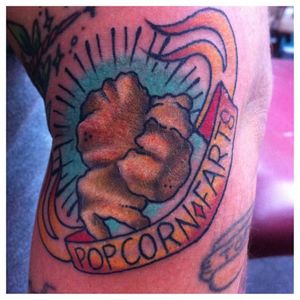 Apparently popcorn illicits some strange bodily functions in people. Popcorn tattoo by Jerry Wagner. #neotraditional #traitional #banner #popcorn #JerryWagner