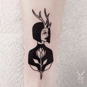 Deer girl blackwork tattoo by Nudy. #Nudy #blackwork #girl #sadgirl #woman #lady #antler