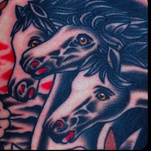 Pharaoh's horses, an awesome and classic image that look so timeless as a tattoo. Amazing work by Shamus Mahannah. #shamusmahannah #traditionaltattoo #horse #pharaohshorses #traditional