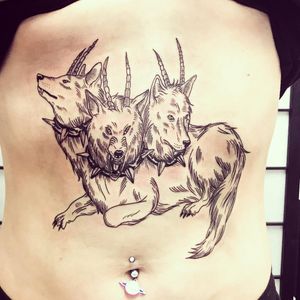 Cerberus tattoo by Tina Lugo #TinaLugo #linework #blackwork #cerberus #dog #hell #threeheadeddog #horns #fangs #animal