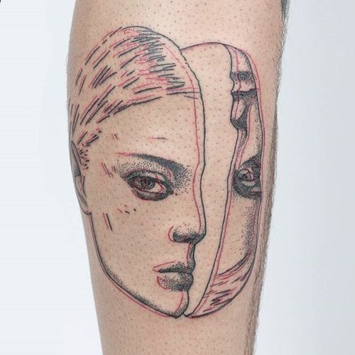 Overlay portrait tattoo by Nick Avgeris. #NickAvgeris #alternative #contemporary #overlay #portrait #woman