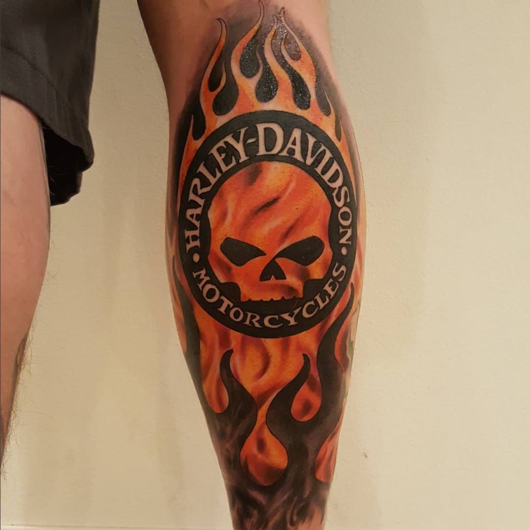 Realistblack and grey Harley Davidson logo and skull tattoo done by our  artist Guizo Call us today 351 96  Harley tattoos Tattoos Harley  davidson tattoos