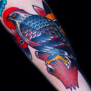 Fantástico tatuaje de halcón de Shamus Mahannah.  #samusmahannah #traditioneltattoo # halcón # pájaro #tradicional # estilo tradicional