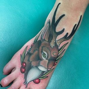 Jackalope tattoo by Derek Joseph Livezy. #jackalope #fable #imaginary #animal #antler #rabbit #DerekJosephLivezy