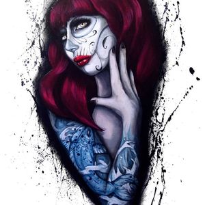 Beautiful Koi fish inspired tattoo on this Day of the Dead girl. Painting by Martin Darkside. #MartinDarkside #prettypieceofflesh #darkart #tattoedartist #UKpainter #pinupgirls #horror #oilpainting #bradford #diadelosmuertos #koi