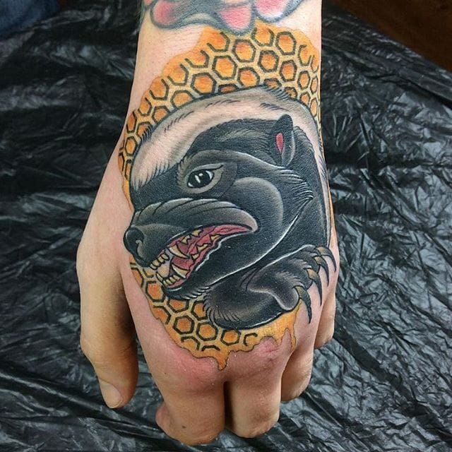 Honeybadger hand tattoo by Oliver Under. #badger #honeybadger #neotradition...