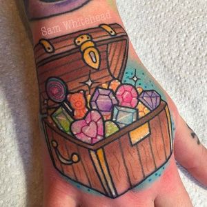 Treasure chest Tattoo by Sam Whitehead @Samwhiteheadtattoos #Samwhiteheadtattoos #Colorful #Girly #Girlytattoo #Neotraditional  #Blindeyetattoocompany #Leeds #UK #treasurechest