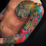 Beautiful and vibrant phoenix sleeve tattoo by Chris Crooks. #ChrisCrooks #Phoenix #sleeve #japanese #japanesestyle