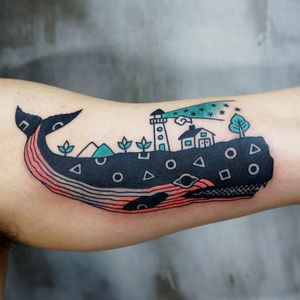 Whale home tattoo by Kimsany #Kimsany #animaltattoos #color #newtraditional #abstract #linework #graphic #whale #saturn #shapes #blackfill #lighthouse #house #stars #landscape #oceanlife