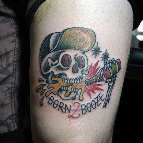 Born 2 booze tattoo by Dominik Dagger. #traditional #DominikDagger #born2booze #skull