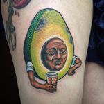 Carved avocado pit with beer by Wendy Pham #WendyPham #color #newtraditional #avocado #beer #fruit #vegetable #foodtattoo #tattoooftheday