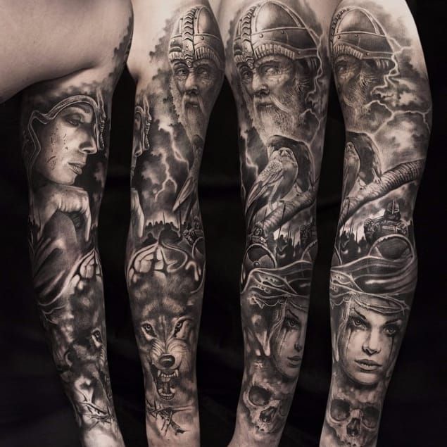 Tattoo uploaded by katievidan • Black & grey sleeve by Mumia via Instagram  (mumia916) #Mumia #blackandgrey #sleeve #realism • Tattoodo