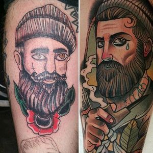 Cover up tattoo by Tony Donaire. #TonyDonaire #moustache #neotraditional #lumberjack #beard #coverup