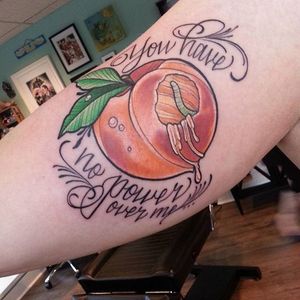 Labyrinth-inspired peach tattoo by Samantha Scott. #neotraditional #quote #lettering #script #Labyrinth #fruit #peach #SamanthaScott