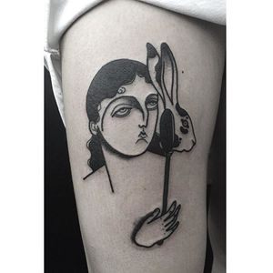 Blackwork tattoo by Fidjit Lavelle. #Fidjit #FidjitLavelle #blackwork #portrait #woman #mask