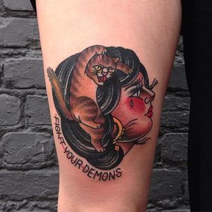 Witty cat tattoo by Iris Lys. #IrisLys #traditional #cat #catlover #feline #pet #meow #catowner #catmomma #catdaddy #witty