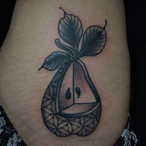Blackwork flower of life pear tattoo by Mauricio Pastor. #blackwork #floweroflife #geometric #pattern #pear #fruit #MauricioPastor
