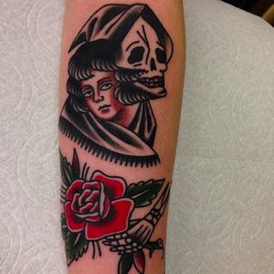 The reaper, a woman and a rose. Classic and timeless imagery, tattoo by Sergey Kartoha. #SergeyKartoha #girltattoo #oldschooltattoo #traditionaltattoo #rose #reaper #woman #hand #death