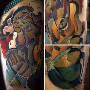 A French guitarist taking a coffee break via Bugs (IG-bugsartwork). #Bugs #colorful #cubism #guitarist