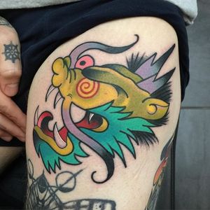 Dragon Head Tattoo by Nick Stambaugh #dragon #dragonheadtattoo #traditonal #traditionaltattoo #brighttattoos #neon #neontattoo #colorful #quirky #creativetattoos #NickStambaugh