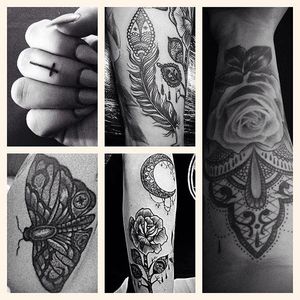 Dolly May's tattoo collection @missdollymay/Instagram #blackwork #butterfly #rose #feather
