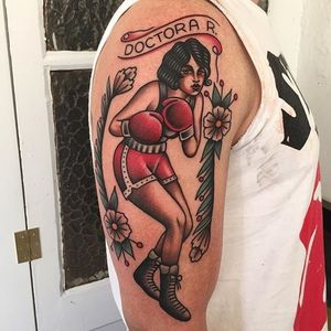 Boxer Girl Tattoo by Gonzalo Muñiz #boxer #boxergirl #traditional #traditionaltattoo #oldschool #traditionalartist #boldwillhold #GonzaloMuniz