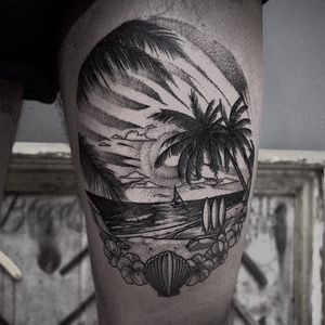 Beach tattoo by Taras Shtanko. #blackwork #beach #summer #paradise #ocean #vacation #getaway