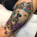Pet portrait tattoo by Jenna Kerr #JennaKerr #petportraittattoo #color #realism #realistic #dog #pitbull #flowers #frame #filigree #jewel #gem #pearls #sparkle #petals #animal #tattoooftheday