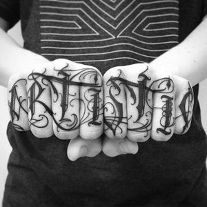 Lettering tattoo by Eric Machado. #handstyle #knuckle #lettering #script #letter #type