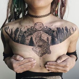 Incredible chest tattoo done by Pony Reinhardt. #PonyReinhardt #chest #wolf #MOON