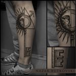Key tattoo by Nazar Butkovski #NazarButkovski #engraving #blackwork #science #key #sun