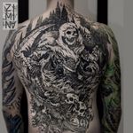 Badass Grim Reaper tattoo by Zhenya Zimina #ZhenyaZimina #blackwork #engraving #grimreaper #skull #btattooing #blckwrk