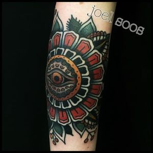 Cool elbow tattoo by Joel Soos #flowertattoo #JoelSoos #traditionaltattoo