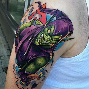 Green Goblin Tattoo by Dane Grannon #greengoblin #greengoblintattoo #greengoblintattoos #spiderman #spidermantattoo #comic #comicbook #marvel #marveltattoos #DaneGrannon