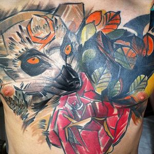 Abstract marker style lemur chest piece by Lucas Carvalho Moraes. #illustrative #marker #sketchy #chesttattoo #lemur #LucasCarvalhoMoraes