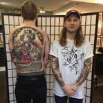 Nick Mayes beside a brilliant backpiece he made #NickMayes #tattooartist #backpiece #NorthSeaTattoo #Scarborough
