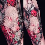 Neo-traditional albino wolf tattoo by Brando Chiesa. #BrandoChiesa #neotraditional #albino #creature #animals #japanese #wolf #mask