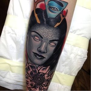 Mash-up tattoo by Piotr Gie #PiotrGie #graphic #mashup #woman #portrait
