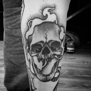 Skull on Fire Tattoo by Matt Pettis @Matt_Pettis_Tattoo #MattPettis #MattPettisTattoo #Black #Blackwork #Blacktattoo #Blacktattoos #London #Skull #skullhead #btattooing #blckwrk