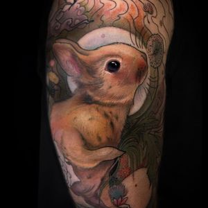 Bunny tattoo by Aimee Cornwell #AimeeCornwell #bunnytattoo #color #realism #realistic #watercolor #painterly #neotraditional #bunny #rabbit #forestlife #nature