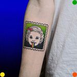 Stamp tattoo by Roman Shcherbakov. #RomanShcherbakov #stamp #littlegirl #girl #rainbow #trippy