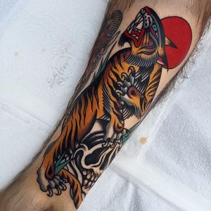 Tiger Tattoo by Luke Jinks #tiger #tigertattoo #traditional #traditionaltattoo #traditionaltattoos #traditionalartist #LukeJinks