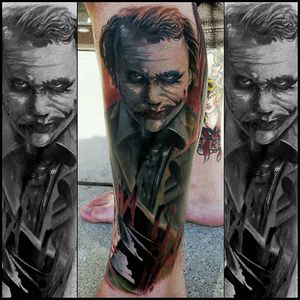 Heath Ledger Joker Tattoo by Christopher Bettley #Joker #Portrait #PortraitTattoos #ColorPortraits #PortraitRealism #ChristopherBettley