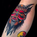Solid and clean demon head tattoo by Shamus Mahannah. #shamusmahannah #traditionaltattoo #demon #demonhead #traditional