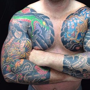 A pair of tough sleeves featuring a warrior, snake and foo dog. By Rhys Gordon #RhysGordon #Japanese #traditionaljapanese #sleeve #Japanesesleeve #snake #warrior #foodog