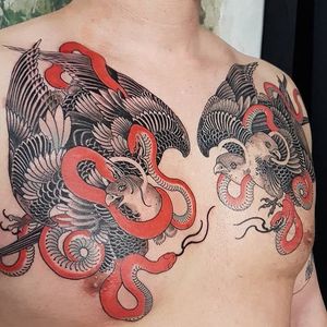 Birds and snakes tattoo by Victor Kludge #VictorKludge #animaltattoos #color #Japanese #traditional #mashup #snakes #reptile #birds #feathers #wings #nature #animal #fight