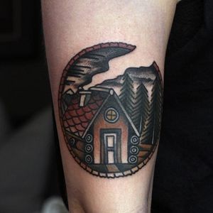 Cute little cottage tattoo done by Ibi Rothe. #IbiRothe #traditionaltattoo #boldtattoos #cottage