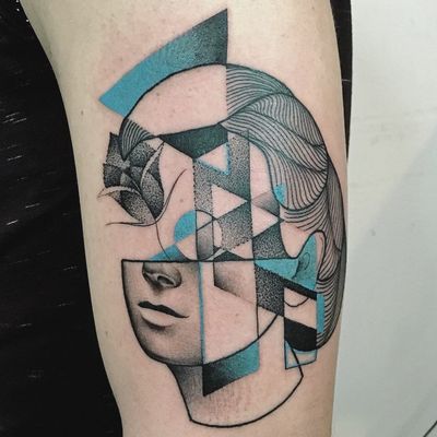 Cubist portrait tattoo by Mariusz Trubisz #MariuszTrubisz #geometrictattoos #color #blackandgrey #portrait #face #lips #shapes #dotwork #linework #rose #flower #cubism #abstract #tattoooftheday